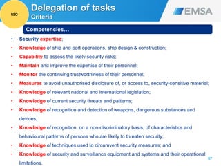 67
• Security expertise;
• Knowledge of ship and port operations, ship design & construction;
• Capability to assess the likely security risks;
• Maintain and improve the expertise of their personnel;
• Monitor the continuing trustworthiness of their personnel;
• Measures to avoid unauthorised disclosure of, or access to, security-sensitive material;
• Knowledge of relevant national and international legislation;
• Knowledge of current security threats and patterns;
• Knowledge of recognition and detection of weapons, dangerous substances and
devices;
• Knowledge of recognition, on a non-discriminatory basis, of characteristics and
behavioural patterns of persons who are likely to threaten security;
• Knowledge of techniques used to circumvent security measures; and
• Knowledge of security and surveillance equipment and systems and their operational
limitations.
Competencies…
Delegation of tasks
Criteria
RSO
 