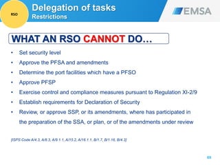 69
• Set security level
• Approve the PFSA and amendments
• Determine the port facilities which have a PFSO
• Approve PFSP
• Exercise control and compliance measures pursuant to Regulation XI-2/9
• Establish requirements for Declaration of Security
• Review, or approve SSP, or its amendments, where has participated in
the preparation of the SSA, or plan, or of the amendments under review
[ISPS Code A/4.3, A/8.3, A/9.1.1, A/15.2, A/16.1.1, B/1.7, B/1.16, B/4.3]
WHAT AN RSO CANNOT DO…
Delegation of tasks
Restrictions
RSO
 
