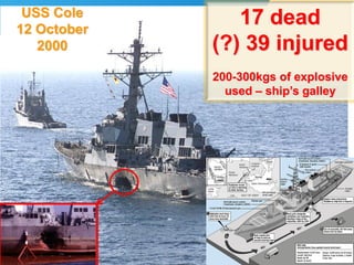 USS Cole
12 October
2000
17 dead
(?) 39 injured
200-300kgs of explosive
used – ship’s galley
 