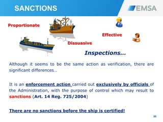96
Inspections…
Although it seems to be the same action as verification, there are
significant differences…
It is an enforcement action carried out exclusively by officials of
the Administration, with the purpose of control which may result to
sanctions (Art. 14 Reg. 725/2004)
There are no sanctions before the ship is certified!
SANCTIONS
Proportionate
Dissuasive
Effective
 