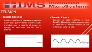 TENSIÓN
 Tensión Continua
Cuando se refiere a Tensión Continua se
quiere decir que el valor de tensión no varía
a medida que va pasando el tiempo. Un
ejemplo de este tema son las pilas y
baterías.
Especialista: Juan Carlos Castillo Sánchez
Tensión Alterna
Cuando se hace referencia a una
Tensión Alterna se quiere expresar que
el valor de la tensión cambia de un
instante de tiempo a otro.
 