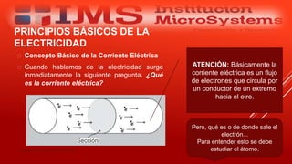 PRINCIPIOS BÁSICOS DE LA
ELECTRICIDAD
 Concepto Básico de la Corriente Eléctrica
 Cuando hablamos de la electricidad surge
inmediatamente la siguiente pregunta. ¿Qué
es la corriente eléctrica?
Especialista: Juan Carlos Castillo Sánchez
ATENCIÓN: Básicamente la
corriente eléctrica es un flujo
de electrones que circula por
un conductor de un extremo
hacia el otro.
Pero, qué es o de donde sale el
electrón...
Para entender esto se debe
estudiar el átomo.
 