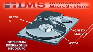 Especialista: Juan Carlos Castillo Sánchez
ESTRUCTURA
INTERNA DE UN
DISCO DURO
MOTOR
CABEZA
LECTORA
PLATO
S
 