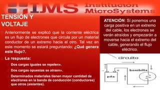 TENSIÓN Y
VOLTAJE
 Anteriormente se explicó que la corriente eléctrica
es un flujo de electrones que circula por un material
conductor de un extremo hacia el otro. Tal vez en
este momento se estará preguntando: ¿Qué genera
este flujo?.
 La respuesta:
 Dos cargas iguales se repelen».
 Dos cargas opuestas se atraen».
 Determinados materiales tienen mayor cantidad de
electrones en la banda de conducción (conductores)
que otros (aislantes).
Especialista: Juan Carlos Castillo Sánchez
ATENCIÓN: Sí ponemos una
carga positiva en un extremo
del cable, los electrones se
verán atraídos y empezarán a
moverse hacia el extremo del
cable, generando el flujo
eléctrico.
 