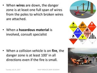 • When wires are down, the danger
zone is at least one full span of wires
from the poles to which broken wires
are attached.
• When a hazardous material is
involved, consult specialist
• When a collision vehicle is on fire, the
danger zone is at least 100' in all
directions even if the fire is small.
ANUP SINGH,DC,NDRF ACADEMY 23Tuesday, July 25, 2017
 