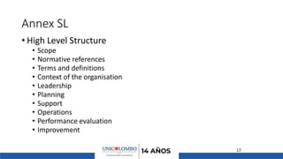 Annex SL
• High Level Structure
• Scope
• Normative references
• Terms and definitions
• Context of the organisation
• Leadership
• Planning
• Support
• Operations
• Performance evaluation
• Improvement
17
 