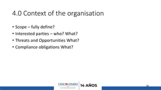 4.0 Context of the organisation
• Scope – fully define?
• Interested parties – who? What?
• Threats and Opportunities What?
• Compliance obligations What?
20
 