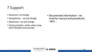 7 Support
• Resources- no change
• Competence - no real change
• Awareness –no real change
• Communication –what, when, how,
who? Reliable and accurate
• Documented information – no
need for manual and procedures
–BUT…
28
 