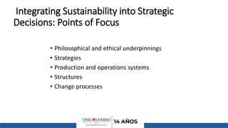 Integrating Sustainability into Strategic
Decisions: Points of Focus
• Philosophical and ethical underpinnings
• Strategies
• Production and operations systems
• Structures
• Change processes
 