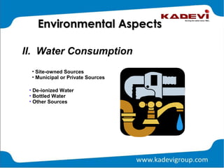 II. Water Consumption
Environmental AspectsEnvironmental Aspects
• Site-owned Sources
• Municipal or Private Sources
• De-ionized Water
• Bottled Water
• Other Sources
 