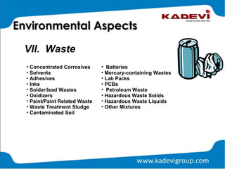 VII. Waste
Environmental AspectsEnvironmental Aspects
• Concentrated Corrosives
• Solvents
• Adhesives
• Inks
• Solder/lead Wastes
• Oxidizers
• Paint/Paint Related Waste
• Waste Treatment Sludge
• Contaminated Soil
• Batteries
• Mercury-containing Wastes
• Lab Packs
• PCBs
• Petroleum Waste
• Hazardous Waste Solids
• Hazardous Waste Liquids
• Other Mixtures
 
