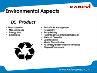 IX. Product
Environmental AspectsEnvironmental Aspects
• Transportation
• Mode/distance
• Energy Use
• Emissions
• End of Life Management
• Reusability
• Recyclability
• Hazardous/toxic Material Content
• Material Diversity
• Upgradability
• Waste Classification
• Assembly/disassembly techniques
• Disposal/emissions
 
