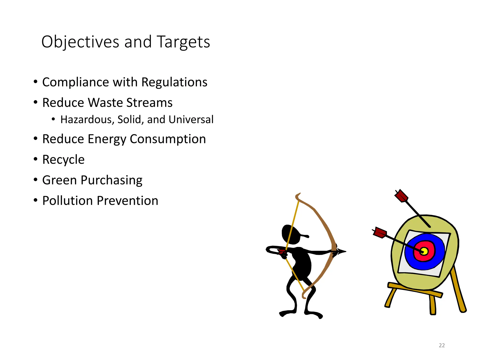 Objectives and Targets
• Compliance with Regulations
• Reduce Waste Streams
• Hazardous, Solid, and Universal
• Reduce Energy Consumption
• Recycle
• Green Purchasing
• Pollution Prevention
22
 