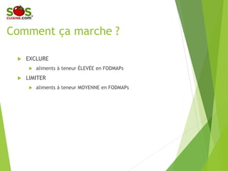 Comment ça marche ?
 EXCLURE
aliments à teneur ÉLEVÉE en FODMAPs
 LIMITER
aliments à teneur MOYENNE en
FODMAPs
 