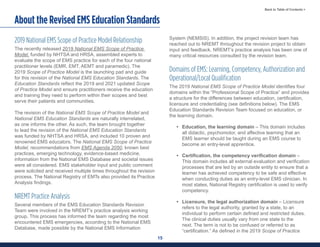 15
Back to Table of Contents >
About the Revised EMS Education Standards
2019 National EMS Scope of Practice Model Relationship
The recently released 2019 National EMS Scope of Practice
Model, funded by NHTSA and HRSA, assembled experts to
evaluate the scope of EMS practice for each of the four national
practitioner levels (EMR, EMT, AEMT and paramedic). The
2019 Scope of Practice Model is the launching pad and guide
for this revision of the National EMS Education Standards. The
Education Standards reflect the 2019 and 2021 updated Scope
of Practice Model and ensure practitioners receive the education
and training they need to perform within their scopes and best
serve their patients and communities.
The revision of the National EMS Scope of Practice Model and
National EMS Education Standards are naturally interrelated,
as one informs the other. As such, the team brought together
to lead the revision of the National EMS Education Standards
was funded by NHTSA and HRSA, and included 10 proven and
renowned EMS educators. The National EMS Scope of Practice
Model, recommendations from EMS Agenda 2050, known best
practices, emerging technology, evidence-based medicine,
information from the National EMS Database and societal issues
were all considered. EMS stakeholder input and public comment
were solicited and received multiple times throughout the revision
process. The National Registry of EMTs also provided its Practice
Analysis findings.
NREMT Practice Analysis
Several members of the EMS Education Standards Revision
Team were involved in the NREMT’s practice analysis working
group. This process has informed the team regarding the most
encountered EMS emergencies, according to the National EMS
Database, made possible by the National EMS Information
System (NEMSIS). In addition, the project revision team has
reached out to NREMT throughout the revision project to obtain
input and feedback. NREMT’s practice analysis has been one of
many critical resources consulted by the revision team.
Domains of EMS: Learning, Competency, Authorization and
Operational/Local Qualification
The 2019 National EMS Scope of Practice Model identifies four
domains within the “Professional Scope of Practice” and provides
a structure for the differences between education, certification,
licensure and credentialing (see definitions below). The EMS
Education Standards Revision Team focused on education, or
the learning domain.
• Education, the learning domain – This domain includes
all didactic, psychomotor, and affective learning that an
EMS learner should be taught during an EMS course to
become an entry-level apprentice.
• Certification, the competency verification domain –
This domain includes all external evaluation and verification
processes that are led by an outside entity to ensure that a
learner has achieved competency to be safe and effective
when conducting duties as an entry-level EMS clinician. In
most states, National Registry certification is used to verify
competency.
• Licensure, the legal authorization domain – Licensure
refers to the legal authority, granted by a state, to an
individual to perform certain defined and restricted duties.
The clinical duties usually vary from one state to the
next. The term is not to be confused or referred to as
“certification.” As defined in the 2019 Scope of Practice
 
