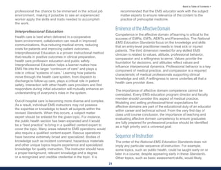 21
Back to Table of Contents >
professional the chance to be immersed in the actual job
environment, making it possible to see an experienced
worker apply the skills and traits needed to accomplish
the work.
Interprofessional Education
Health care is best when delivered in a cooperative
team environment; collaboration can result in improved
communications, thus reducing medical errors, reducing
costs for patients and improving patient outcomes.
Interprofessional Education is a proven instructional method
that results in positive outcomes in clinical preparation,
health care profession education and public safety.
Interprofessional Education helps a learner realize how
EMS fits into the larger “continuum of care” and plays a
role in critical “systems of care.” Learning how patients
move through the health care system, from dispatch to
discharge to follow-up care, plays a critical role in patient
safety. Interaction with other health care providers and first
responders during initial education will mutually enhance an
understanding of everyone’s roles in the system.
Out-of-hospital care is becoming more diverse and complex.
As a result, individual EMS instructors may not possess
the expertise or knowledge to teach all subjects within the
revised Standards. When this occurs, a subject matter
expert should be enlisted for the given topic. For instance,
the public health section has been expanded and it would
be a “best practice” to bring in a qualified content expert to
cover the topic. Many areas related to EMS operations would
also require a qualified content expert. Rescue operations
have become extremely broad and specialized. Bodies of
knowledge such as incident command, hazardous materials
and other unique topics require experience and specialized
knowledge for quality instruction. The instructor should have
a proper background, relevant knowledge and a degree
or a recognized and credible credential in the topic. It is
recommended that the EMS educator work with the subject
matter experts to ensure relevance of the content to the
practice of prehospital medicine.
Eminence of the Affective Domain
Competence in the affective domain of learning is critical to the
success of EMRs, EMTs, AEMTs and Paramedics. The National
EMS Education Standards focus on the knowledge and skills
that an entry-level practitioner needs to treat sick or injured
patients. The third dimension needed for any skilled EMS
clinician is related to values, attitude, professional behavior,
compassion and a willingness to serve. Values provide the
foundation for decisions, and attitudes reflect values and
influence interpersonal dynamics. Professional behavior is a key
component of medical practice, and compassion is a required
characteristic of medical professionals supporting clinical
knowledge and skill. A willingness to serve underlies all that a
health care provider does.
The importance of affective domain competence cannot be
overstated. Every EMS education program director and faculty
member should consider this aspect of medical practice.
Modeling and setting professional-level expectations for
affective domains are part of the educational duty of an educator
within career and technical school. From the very first day of
class until course conclusion, the importance of teaching and
evaluating affective domain competency to ensure graduates
are fully prepared for professional practice should be identified
as a high priority and a universal goal.
Sequence of Instruction
The order of the National EMS Education Standards does not
imply any particular sequence of instruction. For example,
some topics, such as public health, could be taught early on or
later in a course, despite appearing early in these Standards.
Other topics, such as basic assessment skills, would likely
 
