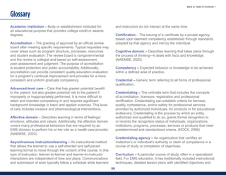 59
Back to Table of Contents >
Academic institution – Body or establishment instituted for
an educational purpose that provides college credit or awards
degrees.
Accreditation – The granting of approval by an official review
board after meeting specific requirements. Typical requisites may
cover areas such as program structure, processes, resources
and student evaluation. The review board is nongovernmental
and the review is collegial and based on self-assessment,
peer assessment and judgment. The purpose of accreditation
is student protection and public accountability. Additionally,
accreditation can provide consistent quality education evaluation
for a program’s continual improvement and provides for a more
consistent and uniform graduate competency.
Advanced-level care – Care that has greater potential benefit
to the patient, but also greater potential risk to the patient if
improperly or inappropriately performed. It is more difficult to
attain and maintain competency in and requires significant
background knowledge in basic and applied sciences. This level
of care includes invasive and pharmacological interventions.
Affective domain – Describes learning in terms of feelings/
emotions, attitudes and values. Additionally, the affective domain
covers many professional behaviors that are required by an
EMS clinician to perform his or her role as a health care provider.
(NAEMSE, 2020)
Asynchronous instruction/learning – An instructional method
that allows the learner to use a self-directed and self-paced
learning format to move through the content of the course. In this
type of instruction, learner-to-learner and learner-to-instructor
interactions are independent of time and place. Communications
and submission of work typically follow a schedule while learners
and instructors do not interact at the same time.
Certification – The issuing of a certificate by a private agency
based upon deemed competency established through standards
adopted by that agency and met by the individual.
Cognitive domain – Describes learning that takes place through
the process of thinking—it deals with facts and knowledge.
(NAEMSE, 2020)
Competency – Expected behavior or knowledge to be achieved
within a defined area of practice.
Credential – Generic term referring to all forms of professional
qualification.
Credentialing – The umbrella term that includes the concepts
of accreditation, licensure, registration and professional
certification. Credentialing can establish criteria for fairness,
quality, competence, and/or safety for professional services
provided by authorized individuals, for products or for educational
endeavors. Credentialing is the process by which an entity,
authorized and qualified to do so, grants formal recognition to
or records the recognition status of individuals, organizations,
institutions, programs, processes, services or products that meet
predetermined and standardized criteria. (NOCA, 2006)
Credentialing agency – An organization that certifies an
institution’s or individual’s authority or claim of competence in a
course of study or completion of objectives.
Curriculum – A particular course of study, often in a specialized
field. For EMS education, it has traditionally included instructional
techniques, detailed lesson plans with identified objectives and
Glossary
 