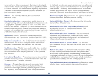 60
Back to Table of Contents >
numerous forms of learner evaluation. Curriculum is developed
and adopted at the education program based upon National EMS
Education Standards and state and local regulatory requirements.
The use of local advisory groups can help tailor education to a
local community’s needs.
Didactic – The instructional theory, the lesson content.
(NAEMSE, 2020)
Distributive education – A generic term used to describe a
variety of learning delivery methods that attempt to accommodate
a geographical separation (at least for some of the time) of the
instructor and learners. Distributed education includes computer
and web-based instruction, distance learning through television
or video, web-based seminars, video conferencing and electronic
and traditional educational models.
Domains – A category of learning. (See Affective domain,
Cognitive domain, and Psychomotor domain.) (NAEMSE, 2020)
Entry-level competence – The level of competence expected
of an individual who is about to begin a career. The minimum
competence necessary to practice safely and effectively.
Health screening – A test or exam performed to find a condition
before symptoms begin. Screening tests may help find diseases
or conditions early when they may be easier to treat. (Medline
Plus definition)
Instructional Guidelines – An emeritus resource document that
provided crossover guidance for instructional content within the
2009 National EMS Education Standards.
Licensure – The act of granting an entity permission to do
something that the entity could not legally do without such
permission. Licensing is generally viewed by legislative bodies
as a regulatory effort to protect the public from potential harm.
In the health care delivery system, an individual who is licensed
tends to enjoy a certain amount of autonomy in delivering health
care services. Conversely, the licensed individual must satisfy
ongoing requirements that ensure certain minimum levels of
expertise. A license is generally considered a privilege, not a right.
Medical oversight – Physician review and approval of clinical
content and matters relevant to medical authority.
National EMS Core Content – The document that defines the
domain of out-of-hospital care.
National EMS Education Program Accreditation – The
accreditation process for institutions that sponsor EMS
educational programs.
National EMS Education Standards – The document that
defines the entry-level terminal knowledge content (depth
and breadth), clinical behavior/judgement, and educational
infrastructure for each licensure level.
National EMS Scope of Practice Model – The document
that defines the scope of practice of the various levels of EMS
licensure.
Patient simulation – An alternative to a human patient to help
students improve patient assessment and management skills;
a high-fidelity patient simulator provides realistic simulation that
responds physiologically to student therapies. These simulators have
realistic features such as chests that rise and fall with respirations,
pupils that react to light, pulses that can be palpated, etc.
Post-graduate internship and/or experience – Experience gained
after the student has completed and graduated from school.
 