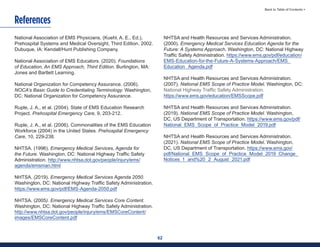 62
Back to Table of Contents >
References
National Association of EMS Physicians, (Kuehl, A. E., Ed.),
Prehospital Systems and Medical Oversight, Third Edition. 2002.
Dubuque, IA: Kendall/Hunt Publishing Company.
National Association of EMS Educators. (2020). Foundations
of Education, An EMS Approach, Third Edition. Burlington, MA:
Jones and Bartlett Learning.
National Organization for Competency Assurance. (2006).
NOCA’s Basic Guide to Credentialing Terminology. Washington,
DC: National Organization for Competency Assurance.
Ruple, J. A., et al. (2004). State of EMS Education Research
Project. Prehospital Emergency Care, 9, 203-212.
Ruple, J. A., et al. (2006). Commonalities of the EMS Education
Workforce (2004) in the United States. Prehospital Emergency
Care, 10, 229-238.
NHTSA. (1996). Emergency Medical Services, Agenda for
the Future. Washington, DC: National Highway Traffic Safety
Administration. http://www.nhtsa.dot.gov/people/injury/ems/
agenda/emsman.html
NHTSA. (2019). Emergency Medical Services Agenda 2050.
Washington, DC: National Highway Traffic Safety Administration.
https://www.ems.gov/pdf/EMS-Agenda-2050.pdf
NHTSA. (2005). Emergency Medical Services Core Content.
Washington, DC: National Highway Traffic Safety Administration.
http://www.nhtsa.dot.gov/people/injury/ems/EMSCoreContent/
images/EMSCoreContent.pdf
NHTSA and Health Resources and Services Administration.
(2000). Emergency Medical Services Education Agenda for the
Future: A Systems Approach. Washington, DC: National Highway
Traffic Safety Administration. https://www.ems.gov/pdf/education/
EMS-Education-for-the-Future-A-Systems-Approach/EMS_
Education_Agenda.pdf
NHTSA and Health Resources and Services Administration.
(2007). National EMS Scope of Practice Model. Washington, DC:
National Highway Traffic Safety Administration.
https://www.ems.gov/education/EMSScope.pdf
NHTSA and Health Resources and Services Administration.
(2019). National EMS Scope of Practice Model. Washington,
DC, US Department of Transportation. https://www.ems.gov/pdf/
National_EMS_Scope_of_Practice_Model_2019.pdf
NHTSA and Health Resources and Services Administration.
(2021). National EMS Scope of Practice Model. Washington,
DC, US Department of Transportation. https://www.ems.gov/
pdf/National_EMS_Scope_of_Practice_Model_2019_Change_
Notices_1_and%20_2_August_2021.pdf
 