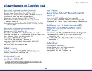 63
Back to Table of Contents >
Acknowledgements and Stakeholder Input
Education Standards Revision Team Leadership:
Director: Bryan Ericson, MEd, RN, NRP, Hurst, TX
Co-Chair: Paul Rosenberger, BS, MPA, EdD, NRP, Dallas, TX
Co-Chair: Art Hsieh, MA, NRP, Santa Rosa, CA
Coordinator: Kenneth Navarro, PhD(c), Dallas, TX
Medical Director: Katherine Remick, MD, FAAP, FACEP,
FAEMS, Austin, TX
Medical Director: Joshua Stilley, MD, FACEP, FAAEM, FAEMS,
Columbia, MO
Education Standards Revision Team Members*:
Deborah Akers, NRP, Glen Allen, VA
Steve Cole, MEd, NRP, Boise, ID (Paramedic Level Lead)
Lindi Holt, PhD, NRP, NCEE, Indianapolis, IN (AEMT Level Lead)
Mark Malonzo, EdD(c), NRP, Los Angeles, CA
Gina Riggs, MEd, NRP, Poteau, OK
Jose Salazar, BA, MPH, NRP, Leesburg, VA
Karla Short, BBA, MEd, EdD, Columbus OH (EMR/EMT
Level Lead)
Bill Young, EdD, NRP, Richmond, KY
NAEMSE Leadership:
Linda Abrahamson, MA, RN, EMTP, NCEE, Oak Lawn, IL
Stephen Perdziola, BS, Pittsburgh, PA
Administrative Support:
Jamie Royster, BS, Dallas, TX
* The Revision Team was chosen by NAEMSE in consultation with NHTSA and HRSA, and
comprised educators whose backgrounds and experiences represented a diverse range of
communities, educational institutions and EMS systems.
Federal Partners:
National Highway Traffic Safety Administration (NHTSA)
Office of EMS
David Bryson, EMT, EMS Specialist, Washington, DC
Kate Elkins, MPH, CPH, NRP, EMS Specialist, Washington, DC
Jon Krohmer, MD, FACEP, FAEMS, OEMS Director, Washington, DC
Health Resources and Services Administration (HRSA),
Maternal and Child Health Bureau’s EMS for Children
(EMSC) Program
Sara Kinsman, MD, PhD, MCHB DCAFH Director, Washington, DC
Theresa Morrison-Quinata, DCAFH EMSC Branch Chief,
Washington, DC
Diane Pilkey, RN, MPH, DCAFH Senior Nurse Consultant,
Washington, DC
RedFlash Group:
Tricia Duva, BA, Encinitas, CA
Michael Gerber, MPH, NRP, Washington, DC
Keith Griffiths, BA, Encinitas, CA
Wendy Martin, BS, MPC, Encinitas, CA
 