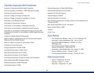 64
Back to Table of Contents >
Academy of International Mobile Health Integration
American Academy of Pediatrics – NRP Steering Committee
American Ambulance Association
American College of Emergency Physicians
American College of Surgeons Committee on Trauma
Association of Air Medical Services
Association of Critical Care Transport
Commission on Accreditation of Ambulance Services
Commission on Accreditation of Medical Transport Systems
Committee on Accreditation of Educational Programs for the EMS
Professions/Commission on Accreditation of Allied Health Education
Programs
Congress of Mobile Medical Professionals
EMS for Children (Health Resources and Services Administration,
Maternal Child and Health Bureau)
EMS for Children Innovation & Improvement Center
Emergency Nurses Association
Georgia Department of Public Health
International Association of EMS Chiefs
International Association of Fire Chiefs
International Association of Fire Fighters
International Association of Flight & Critical Care Paramedics
State of Minnesota EMS Regulatory Board
National Association of EMS Physicians
National Association of EMTs
National Association of State EMS Officials
National EMS Management Association
National Fire Protection Agency
National Registry of EMTs
National Volunteer Fire Council
New Hampshire Department of Safety, Division of Fire Standards and
Training and EMS
New Jersey State EMS Council, 17th District
North Carolina Office of EMS
US Army
US Air Force
Project Meetings
• First Development Meeting – May 2-3, 2019, Pittsburgh, PA
• Association Liaison/Stakeholder Call – July 15, 2019
• Second Development Meeting – October 3-4, 2019,
Washington, DC
• Instructional Guideline Revision Meeting –
January 30-February 1, 2020, Hurst, TX
• Association Liaison/Stakeholder Call – August 11, 2020
• Revision Meeting (virtual) – October 9, 2020
• Third Development Meeting (virtual) – January 28, 2021
Public Comment Periods
• August 16-September 20, 2019
• February 17-March 17, 2020
• November 13-December 14, 2020
Stakeholder Organizations Who Provided Input
 