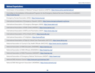 66
Back to Table of Contents >
National Organizations:
Commission of Accreditation of Medical Transport Systems (CAMTS): https://www.camts.org/International
Committee on Accreditation of Educational Programs for the Emergency Medical Services Professions (CoAEMSP):
https://coaemsp.org/
Emergency Nurses Association (ENA): https://www.ena.org/
International Academies of Emergency Dispatch (IAED): https://www.emergencydispatch.org/home
International Association of Emergency Managers (IAEM): https://www.iaem.org/
International Association of EMS Chiefs (IAEMSC): https://www.iaemsc.org/
International Association of EMTs and Paramedics (IAEP): https://www.iaep.org/
International Association of Fire Chiefs (IAFC): https://www.iafc.org/
International Association of Firefighters: https://www.iaff.org/
International Association of Flight & Critical Care Paramedics (IAFCCP): https://www.iafccp.org/
National Association of County & City Health Officials (NACCHO): https://www.naccho.org/about
National Association of EMS Educators (NAEMSE): https://naemse.org/
National Association of EMS Officials (NASEMSO): https://nasemso.org/
National Association of EMS Physicians (NAEMSP): https://naemsp.org/
National Association of Emergency Medical Technicians (NAEMT): https://naemt.org/
National EMS Advisory Council: https://www.ems.gov/memsac.html
National EMS Management Association (NEMSMA): https://www.nemsma.org/
 