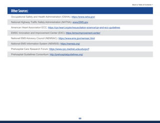 69
Back to Table of Contents >
Other Sources:
Occupational Safety and Health Administration (OSHA): https://www.osha.gov/
National Highway Traffic Safety Administration (NHTSA): www.EMS.gov
American Heart Association ECC: https://cpr.heart.org/en/resuscitation-science/cpr-and-ecc-guidelines
EMSC Innovation and Improvement Center (EIIC): https://emscimprovement.center/
National EMS Advisory Council (NEMSAC): https://www.ems.gov/nemsac.html
National EMS Information System (NEMSIS): https://nemsis.org/
Prehospital Care Research Forum: https://www.cpc.mednet.ucla.edu/pcrf
Prehospital Guidelines Consortium: http://prehospitalguidelines.org/
 