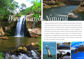 CÂNION DE XINGÓ - CANINDÉ DE SÃO FRANCISCO

                                                                                                                                                       9




Patrimônio Natural                                       O patrimônio natural de Sergipe inclui parques, florestas, reservas biológicas e extrativistas e

                                                         muitas áreas de preservação permanente. É no estado que se encontra a primeira base do

                                                         Projeto Tamar no Brasil, no município de Pirambu. O projeto de preservação das tartarugas

                                                         marinhas também pode ser conhecido através do Oceanário – o primeiro do Nordeste -, na

                                                         orla de Aracaju. Outro projeto pioneiro no Brasil é o Parque dos Falcões, referência mundial

                                                         no manejo, reprodução e reabilitação de aves de rapina. Já o Pantanal de Pacatuba é

                                                         considerado o maior da região Nordeste. O Cânion de Xingó, o quinto maior cânion navegável

                                                         do mundo, coroa a exuberância do São Francisco, o maior rio brasileiro, em cuja foz pode

                                                         se usufruir de um belíssimo passeio de catamarã.


                                                                  FAROL DO CABEÇO - BREJO GRANDE




                                                                                                      PANTANAL NORDESTINO - PACATUBA




     CACHOEIRA DO LAJEDÃO - CANINDÉ DE SÃO FRANCISCO
                                                                                                    PARQUE DOS FALCÕES - AREIA BRANCA      PROJETO TAMAR - PIRAMBU
 