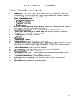 UNCONTROLED IF PRINTED PCD EMS Manual
4-13
Attachment B: Significant Environmental Aspects List
1. Air Emissions (ODS (CFCs in building chiller systems), VOCs (fugitive emissions from vehicle
fueling operations, chemical cleaning, parts washing, painting, etc.), criteria pollutants (machinery
operations, vehicle operations, etc.), dust, particulates, odors)
2. Solid Waste Generation (other)
a. Paper/Cardboard Generation
b. Wood Pallet Generation
c. Scrap Metal Generation
d. Tire Generation
3. Hazardous/Regulated Industrial Waste Generation (laboratory or degreasing solvents, hazardous
batteries, empty chemical containers, used oil, paint filters)
4. Universal Waste Generation (waste paints, blast media, florescent lights, batteries, etc.)
5. Chemical Spills/Leaks to Surface or Ground Water (fuel, hydraulic leaks, POL, storage tank
leaks, perchlorate, cadmium, other heavy metals etc.)
6. Toxics Releases (TRI and TIER 2 inventories)
7. PCB Releases
8. Asbestos Releases
9. Lead Based Paint Releases
10. Pesticide Applications (grounds maintenance, pest control)
11. Liquid Discharges (point and non-point) to surface and/or ground waters [(industrial wastewater
contributions from painting operations, metal etching/plating, X-ray activities, vehicle maintenance
areas), sewage, wash-racks, air dryers, and storm-water]
12. Electricity Consumption (high electricity use operations)
13. Fuel Consumption (petroleum products, natural gas, and other alternative fuels)
14. Water Consumption (high water use operations)
15. Ecological Disturbance (NEPA, hydrological alteration, vegetation alteration, habitats, wetlands,
threatened and endangered species, invasive species, etc.)
16. Cultural Resource Disturbance (historic properties, graveyards)
17. Generation of Noise or Nuisances (testing operations, vehicle operation, vibration, visual
impairment)
18. Soil Erosion (construction activities and ground clearing)
 