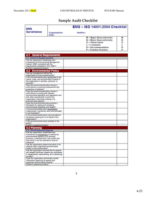 December 2011 Draft UNCONTROLED IF PRINTED PCD EMS Manual
4-23
Sample Audit Checklist
 