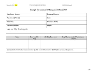December 2011 Draft UNCONTROLED IF PRINTED PCD EMS Manual
4-38
Example Environmental Management Plan (EMP)
Significant Aspect: Tracking Number
Department/Area(s): Date:
Objective: Process/Activity:
Potential Impacts: Target:
Legal and Other Requirements:
Task Responsible
Party
Schedule/Resources Key Characteristics/Performance
Criteria
.
Approvals: Submit to the Environmental Quality Control Committee (EQCC) for review and approval.
 