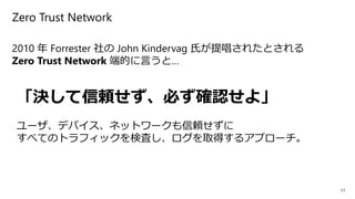 12
各企業の Zero Trust Network に対する取り組みやソリューション
• Google
https://jp.techcrunch.com/2019/04/12/2019-04-10-google-cloud-unveils-...