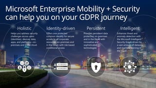 Microsoft Enterprise Mobility + Security
can help you on your GDPR journey
Holistic
Helps you address security
challenges across users
(identities), devices, data,
apps, and platforms―on-
premises and in the cloud.
Identity-driven
Offers one protected
common identity for secure
access to all corporate
resources, on-premises and
in the cloud, with risk-based
conditional access
Persistent
Provides persistent data
protection on-premises
and in the cloud with
innovative and
sophisticated
technologies
Intelligent
Enhances threat and
anomaly detection with
the Microsoft Intelligent
Security Graph driven by
a vast amount of datasets
and machine learning in
the cloud
 