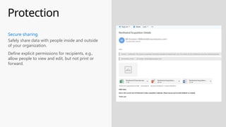 Protection
Safely share data with people inside and outside
of your organization.
Define explicit permissions for recipients, e.g.,
allow people to view and edit, but not print or
forward.
Secure sharing
 