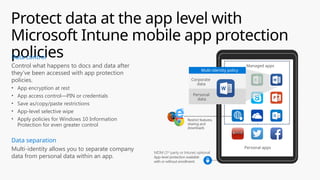 Protect data at the app level with
Microsoft Intune mobile app protection
policies
Managed apps
Personal apps
Personal apps
MDM (3rd
party or Intune) optional
App-level protection available
with or without enrollment.
Managed apps
Restrict features,
sharing and
downloads
Corporate
data
Personal
data
Multi-identity policy
Multi-identity allows you to separate company
data from personal data within an app.
Data separation
Control what happens to docs and data after
they’ve been accessed with app protection
policies.
• App encryption at rest
• App access control—PIN or credentials
• Save as/copy/paste restrictions
• App-level selective wipe
• Apply policies for Windows 10 Information
Protection for even greater control
Data control
 