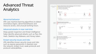 Advanced Threat
Analytics
Deep packet inspection and threat intelligence
helps identify advanced attacks such as Pass-the-
Hash, Skeleton Key Malware, and Honey token.
Advanced attacks in near real-time
ATA uses machine learning algorithms to detect
anomalous logins, abnormal behavior and
resource access, and unusual working hours.
Abnormal behavior
ATA identifies known security issues and risks
such as expose passwords in cleartext over
the network, broken trust, weak protocols and
protocol vulnerabilities.
Known security issues and risks
 