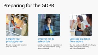 Preparing for the GDPR
Leverage guidance
from experts
Use our partner network to help you
meet your privacy, security,
and compliance goals
Simplify your
privacy journey
Elevate your privacy practices
with our cloud
Uncover risk &
take action
Use our solutions to expose areas
of risk and respond with agility
and confidence
 
