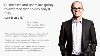 “Businesses and users are going
to embrace technology only if
they
can trust it.”
Satya Nadella
Chief Executive Officer
Microsoft Corporation
Microsoft is the industry leader in privacy and security with
extensive expertise complying with complex regulations.
We take a principled approach with strong commitments to
privacy, security, compliance and transparency.
Moving to the cloud makes it easier for you to become
compliant with privacy regulations by managing and
protecting personal data in a centralized location.
 