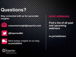 Questions?
Stay connected with us for up-to-date
insights:
consumerinsight@experian.com

MORE WEBINARS

Find a list of all past
and upcoming
webinars

@ExperianMkt

ex.pn/webinars
More holiday insights on our blog
ex.pn/mktfwd

29

 