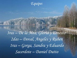 [email_address] . Equipo: 3ras – De la Mea, Gloria y Ernesto  2das – Doval, Angeles y Ruben 1ras – Gorga, Sandra y Eduardo Sacerdote – Daniel Dutto 