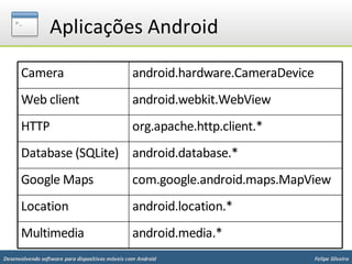 Aplicações Android

      Camera                                     android.hardware.CameraDevice
      Web client                                 android.webkit.WebView
      HTTP                                       org.apache.http.client.*
      Database (SQLite) android.database.*
      Google Maps                                com.google.android.maps.MapView
      Location                                   android.location.*
      Multimedia                                 android.media.*
Desenvolvendo software para dispositivos móveis com Android                      Felipe Silveira
 