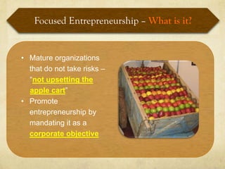 Focused Entrepreneurship – What is it?


• Mature organizations
  that do not take risks –
  “not upsetting the
  apple cart”
• Promote
  entrepreneurship by
  mandating it as a
  corporate objective
 