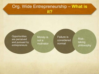 Org. Wide Entrepreneurship – What is
                 it?




Opportunities    Money is    Failure is
are perceived                             Risk-
                 not a       considered
and pursued by                            taking
                 motivator   normal
entrepreneurs                             philosophy
 
