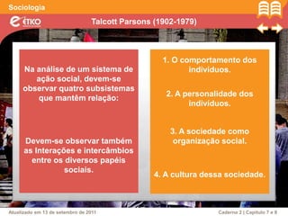 Talcott Parsons (1902-1979)
Sociologia
Atualizado em 13 de setembro de 2011 Caderno 2 | Capítulo 7 e 8
Na análise de um sistema de
ação social, devem-se
observar quatro subsistemas
que mantêm relação:
Devem-se observar também
as Interações e intercâmbios
entre os diversos papéis
sociais.
1. O comportamento dos
indivíduos.
2. A personalidade dos
indivíduos.
3. A sociedade como
organização social.
4. A cultura dessa sociedade.
 