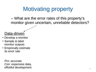 13
Motivating property
Data-driven
●
Develop a monitor
●
Sample & label
monitor outputs
●
Empirically estimate
its error rate
Pro: accurate
Con: expensive data,
effortful development
– What are the error rates of this property’s
monitor given uncertain, unreliable detectors?
 