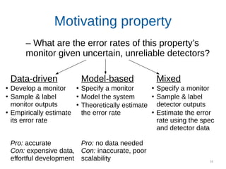 16
Motivating property
Data-driven
●
Develop a monitor
●
Sample & label
monitor outputs
●
Empirically estimate
its error rate
Pro: accurate
Con: expensive data,
effortful development
Model-based
●
Specify a monitor
●
Model the system
●
Theoretically estimate
the error rate
Pro: no data needed
Con: inaccurate, poor
scalability
Mixed
●
Specify a monitor
●
Sample & label
detector outputs
●
Estimate the error
rate using the spec
and detector data
– What are the error rates of this property’s
monitor given uncertain, unreliable detectors?
 
