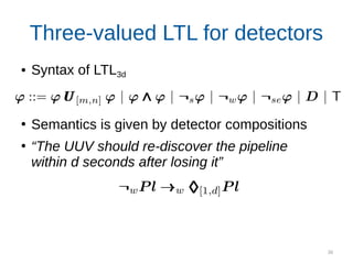 36
Three-valued LTL for detectors
● Syntax of LTL3d
●
Semantics is given by detector compositions
●
“The UUV should re-discover the pipeline
within d seconds after losing it”
Monitor for this property
 
