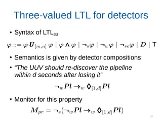 37
Three-valued LTL for detectors
● Syntax of LTL3d
●
Semantics is given by detector compositions
●
“The UUV should re-discover the pipeline
within d seconds after losing it”
●
Monitor for this property
 