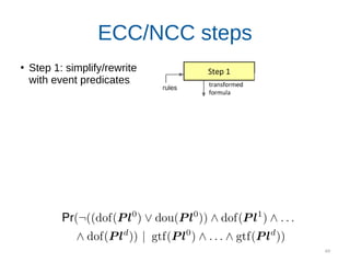 49
ECC/NCC steps
●
Step 1: simplify/rewrite
with event predicates
Step 2: reduce to known/
estimable probabilities
Step 3: check if an
independence holds
Step 4: numerically
estimate probabilities
Step 5: calculate rate
estimate
 