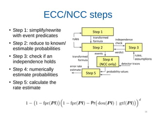 58
ECC/NCC steps
●
Step 1: simplify/rewrite
with event predicates
●
Step 2: reduce to known/
estimable probabilities
●
Step 3: check if an
independence holds
●
Step 4: numerically
estimate probabilities
●
Step 5: calculate the
rate estimate
 